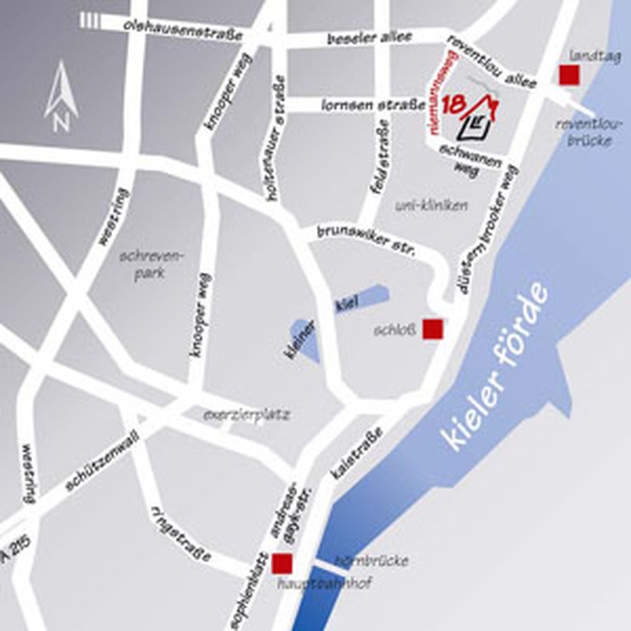 Lageplan der Kieler Innenstadt: Das software.house liegt im Niemannsweg 18 zwischen Lornsenstraße und Schwanenweg, nahe Unikliniken und Kieler Förde